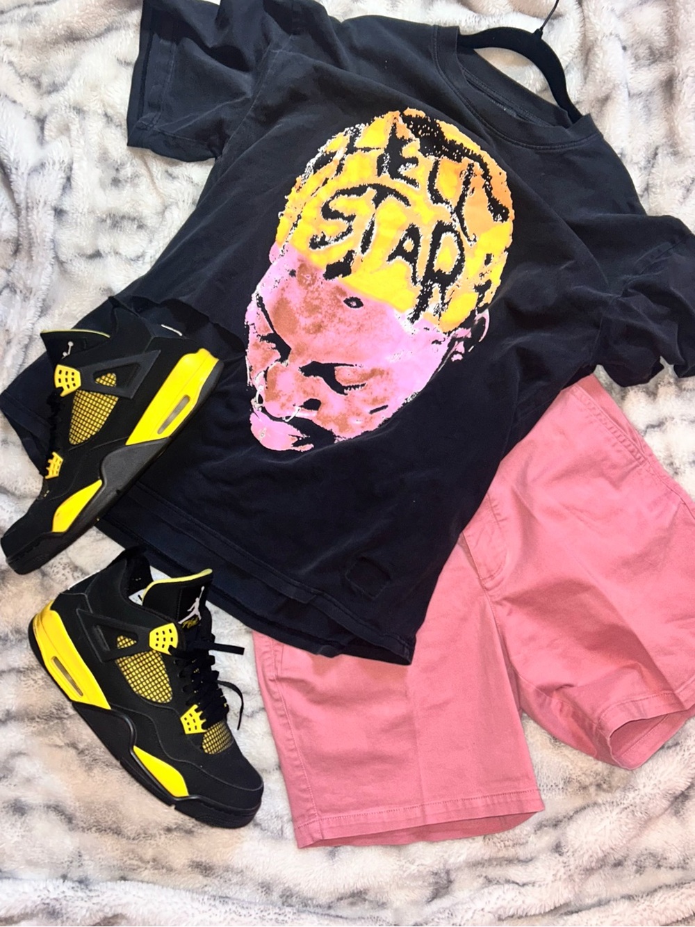 Hellstar Graphic Black Short Sleeve Tee with Yellow & Pink Face Artwork